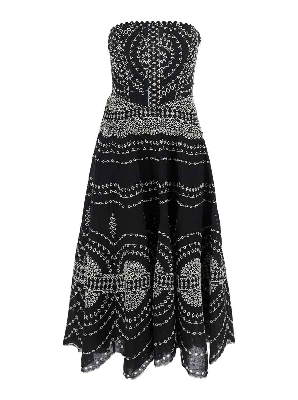 Charo Ruiz iris Black Long Dress With All-over Embroideries And Ruffled Skirt In Cotton And Linen Blend Woman