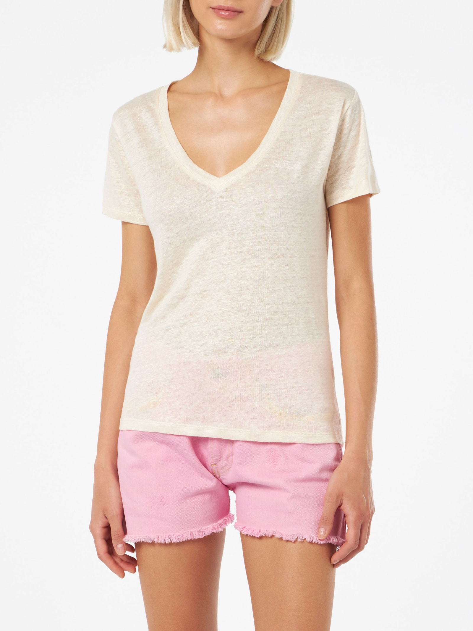 MC2 Saint Barth Linen Jersey Off-white V-neck T-shirt Eloise