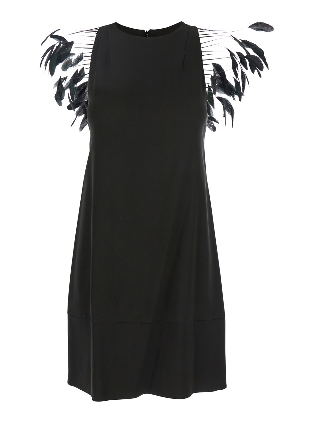Merci Black Dress With Round Neckline And Feather Decorations In Fabric Woman
