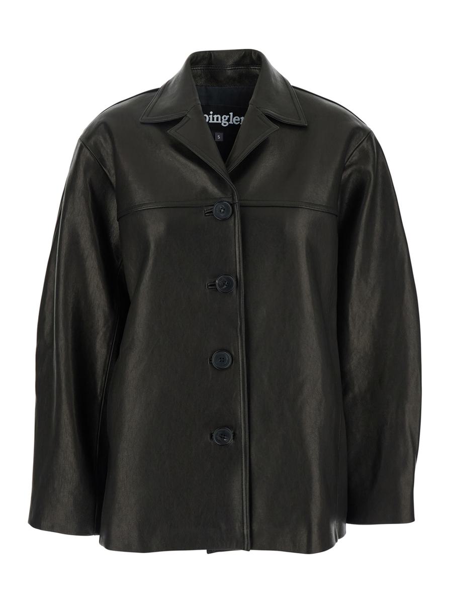 'Mac' Black Jacket With Notched Revers And Dropped Shoulders In Leather Woman