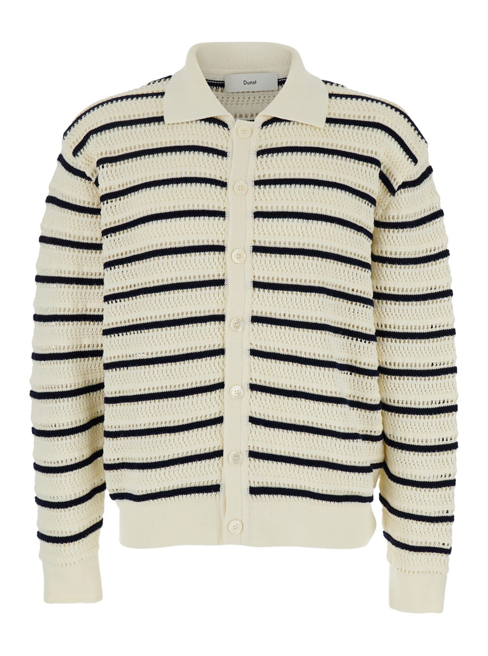 Dunst White Knitted Cardigan With Wide Collar And All-over Stiped Motif In Cotton Man