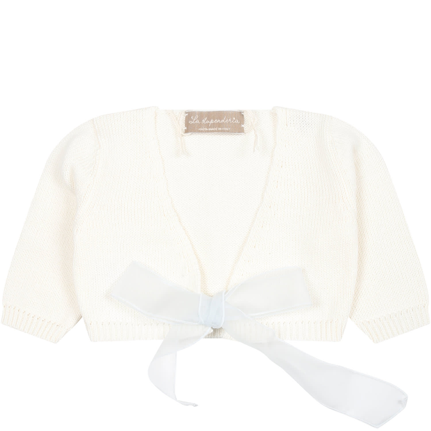 La stupenderia White Cardigan For Baby Girl With Light Blue Bow