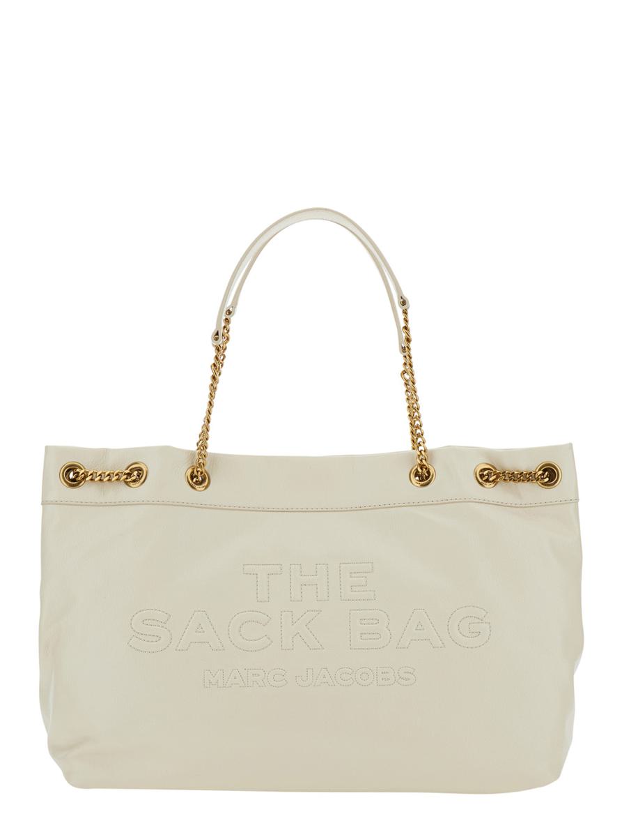 'The Sack Bag' White Shoulder Bag With Logo Embossed On The Front In Leather Woman