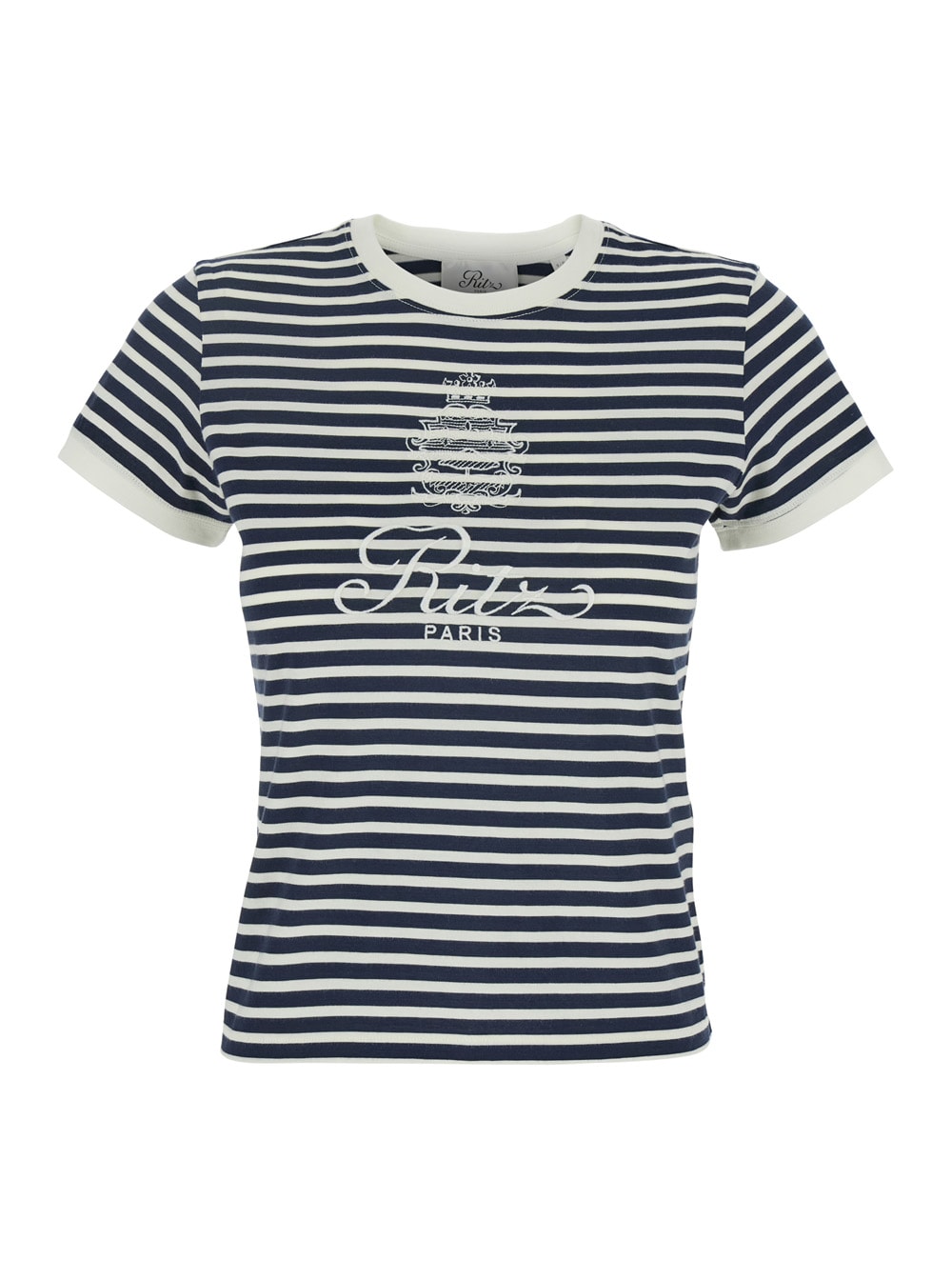 Frame Blue Crewneck T-shirt With Logo Print On The Front And All-over Striped Motif In Cotton Woman