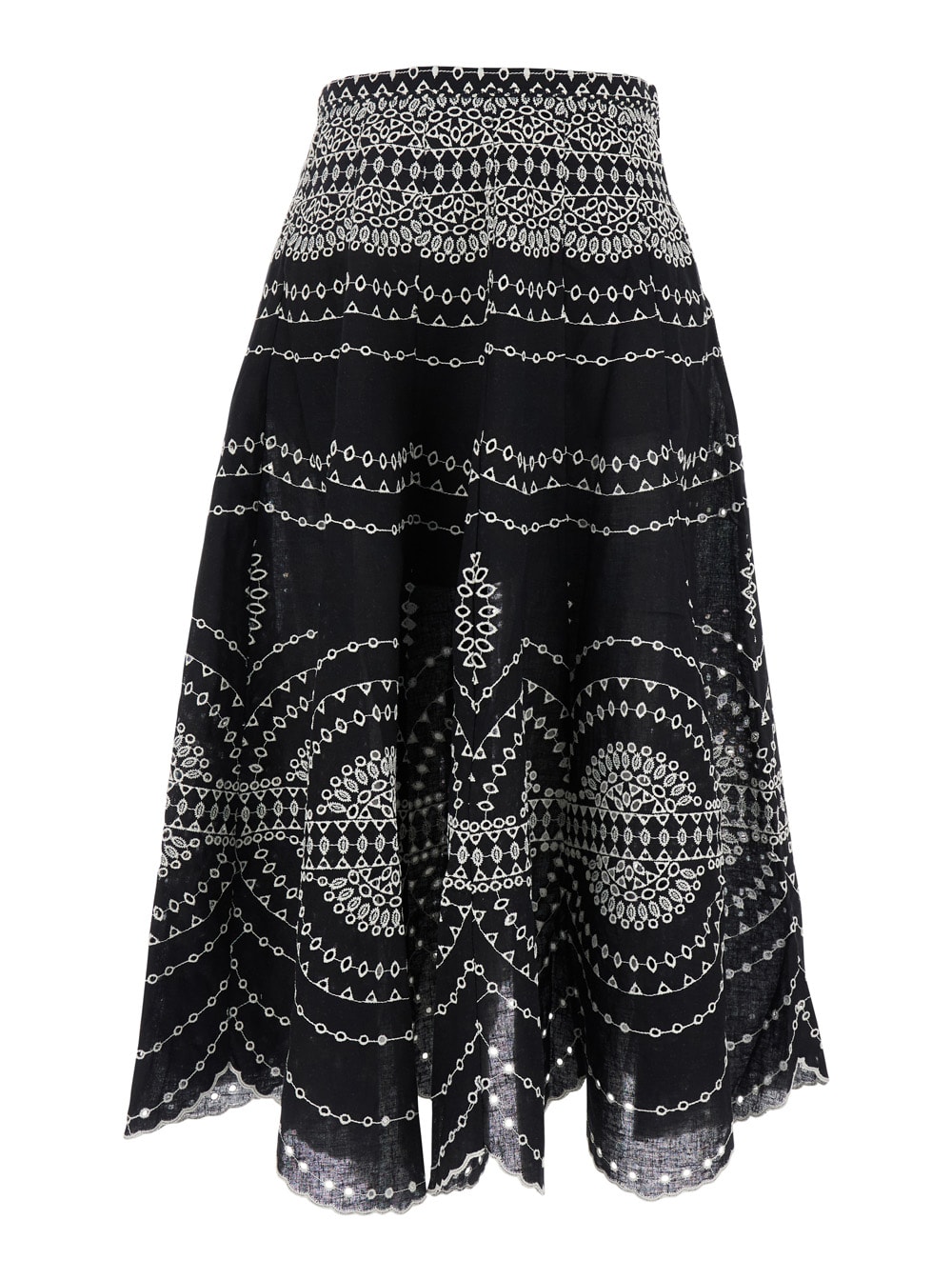Charo Ruiz livvy Black Midi Skirt With Scallop Hem And All-over Embroidery In Cotton Nad Linen Blend Woman
