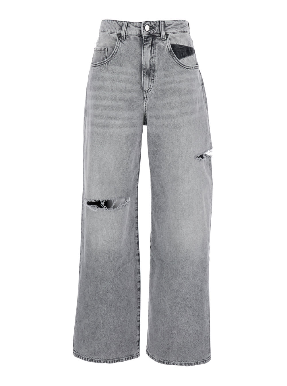Icon Denim Grey High Waisted Jeans With Ripped Details In Denim Woman