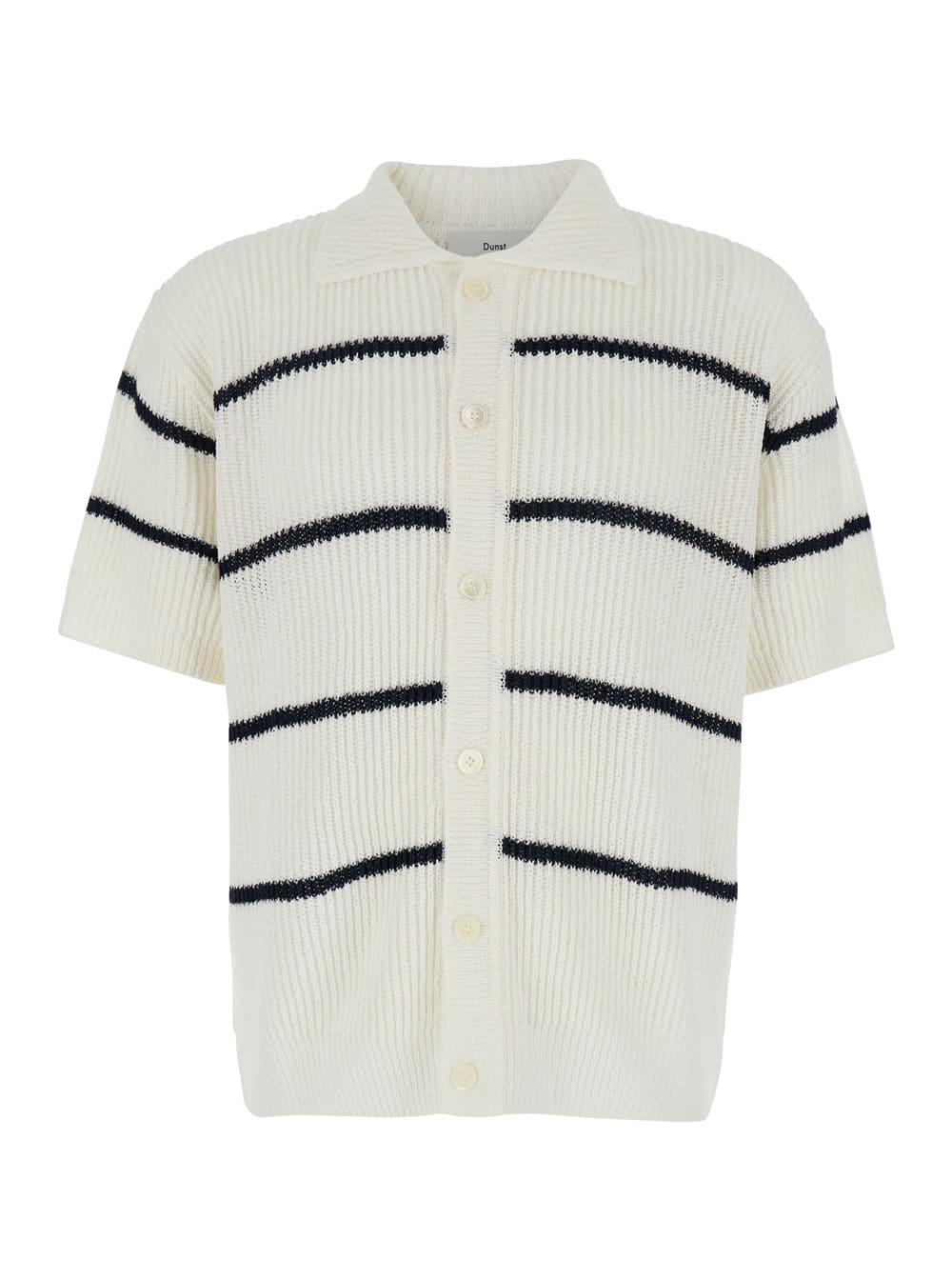 Dunst White Knitted Polo Shirt With All-over Striped Motif In Linen Blend Man