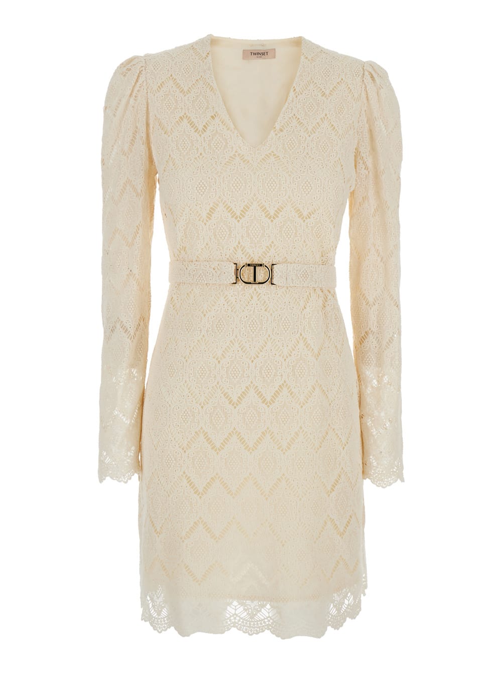 TwinSet Beige Dress With Metallic Logo Plaque And Waist Belt In Macramé Cotton Woman