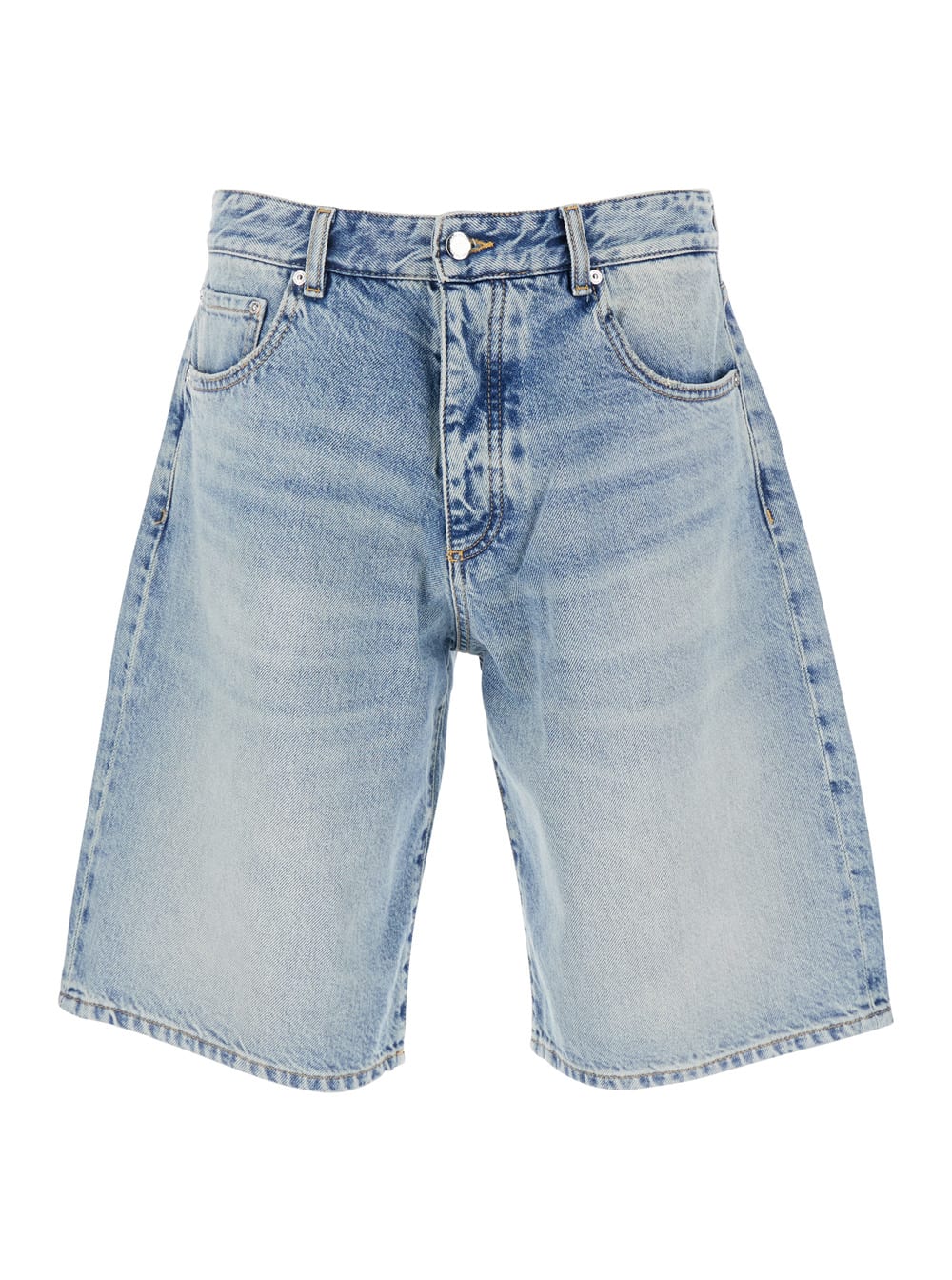 Icon Denim Light Blue Five-pocket Bermuda Shorts With Logo Patch On The Back In Denim Man
