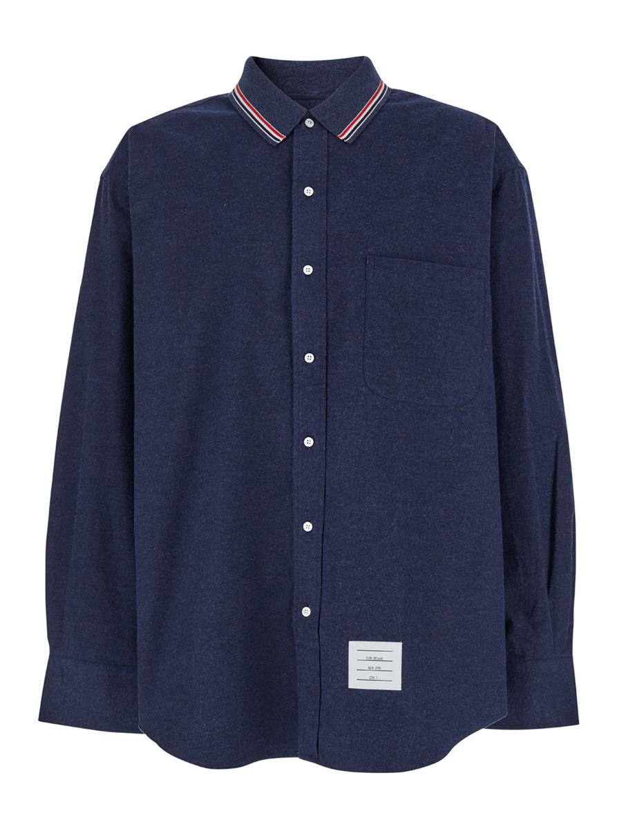 Blue Shirt With Classic Collar And Striped Rwb Detail In Cotton Man