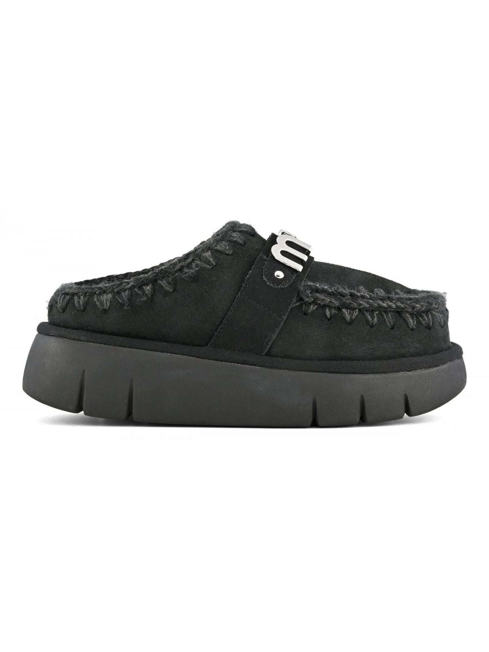 Mou Bounce Black Mules With Logo Lettering And Open Rear In Suede Woman