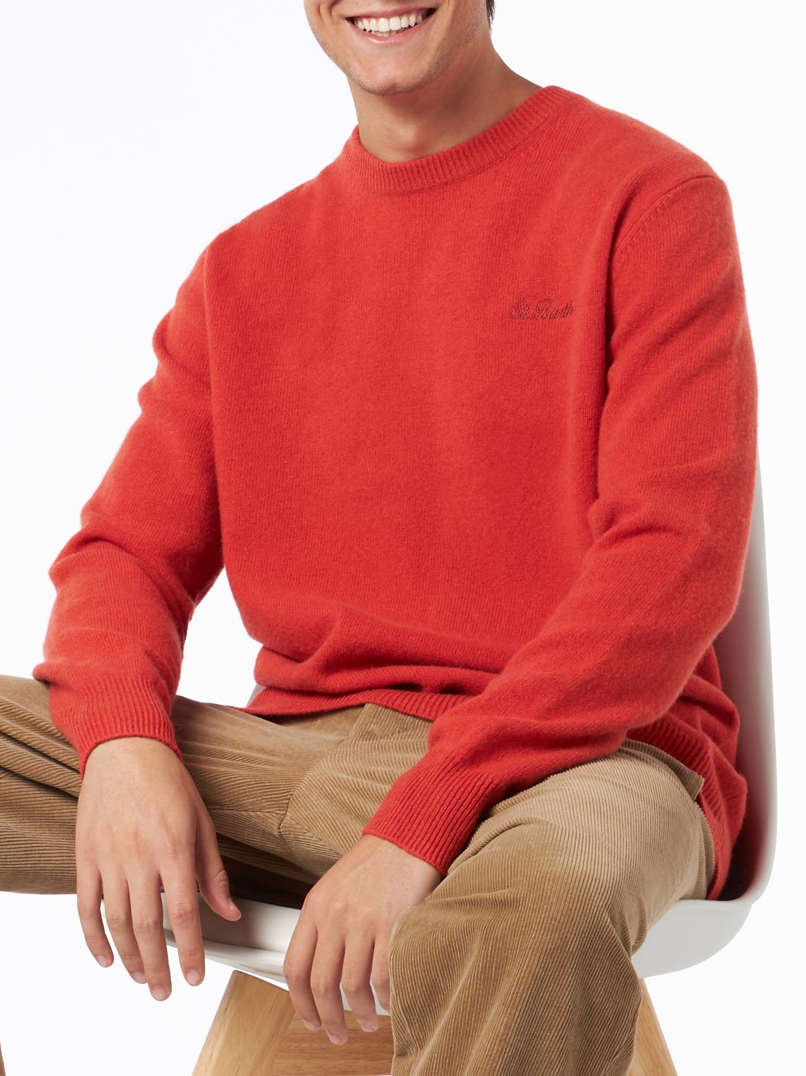 MC2 Saint Barth Man Crewneck Orange Sweater With St. Barth Embroidery