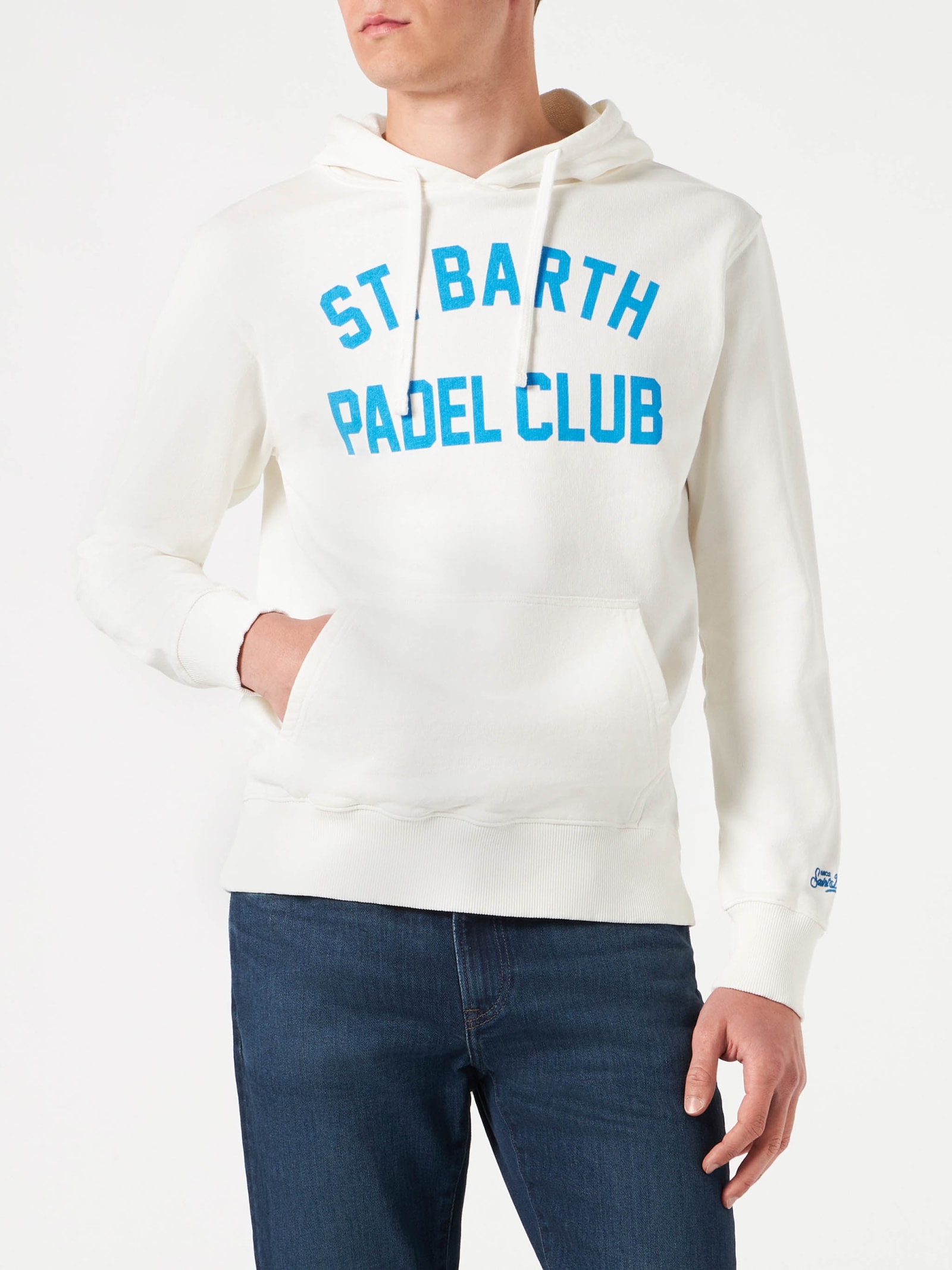MC2 Saint Barth Man Cotton Hooded White Sweatshirt With Bluette St. Barth Padel Club Print
