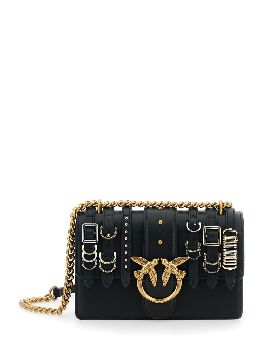 'Love One Mini Light' Black Crossbody Bag With Love Birds Diamond Cut Buckle On The Front And Straps In Leather Woman
