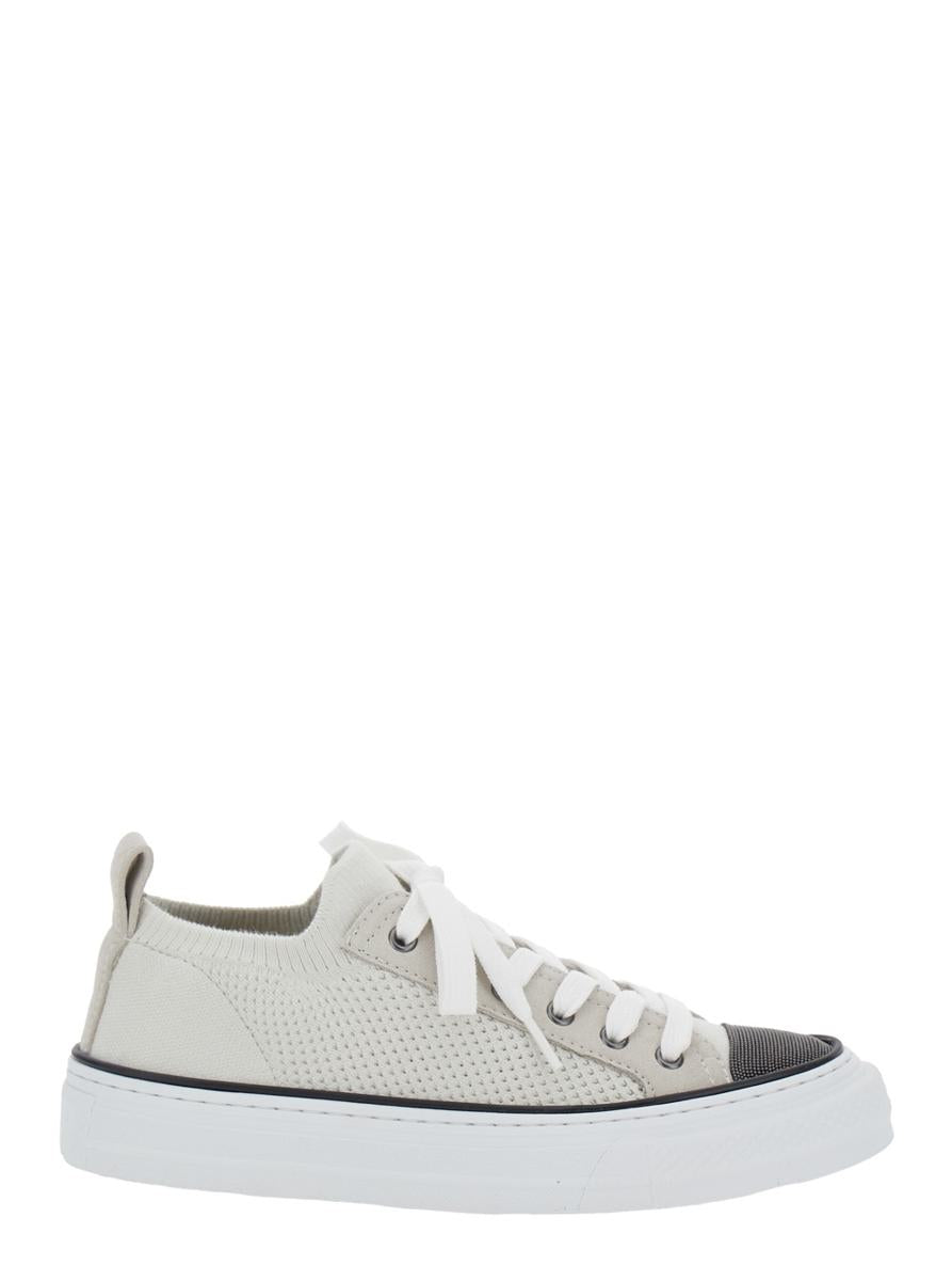 White Low Top Sneaker With Tab On The Heel In Cotton Knit Woman