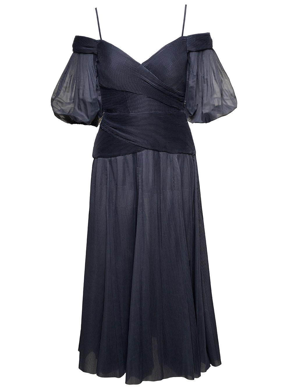 Zimmermann Black Off-shoulder Pleated Midi Dress In Black Chiffon Woman