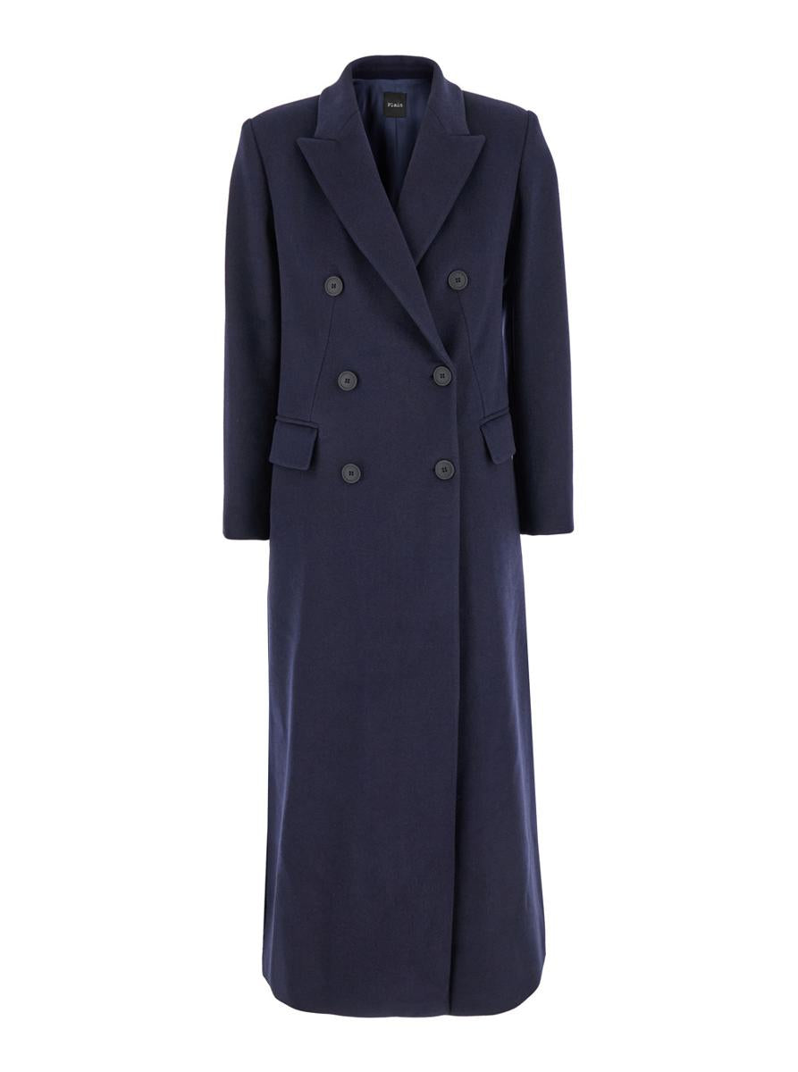 Long Blue Double-Breasted Coat In Cady Woman