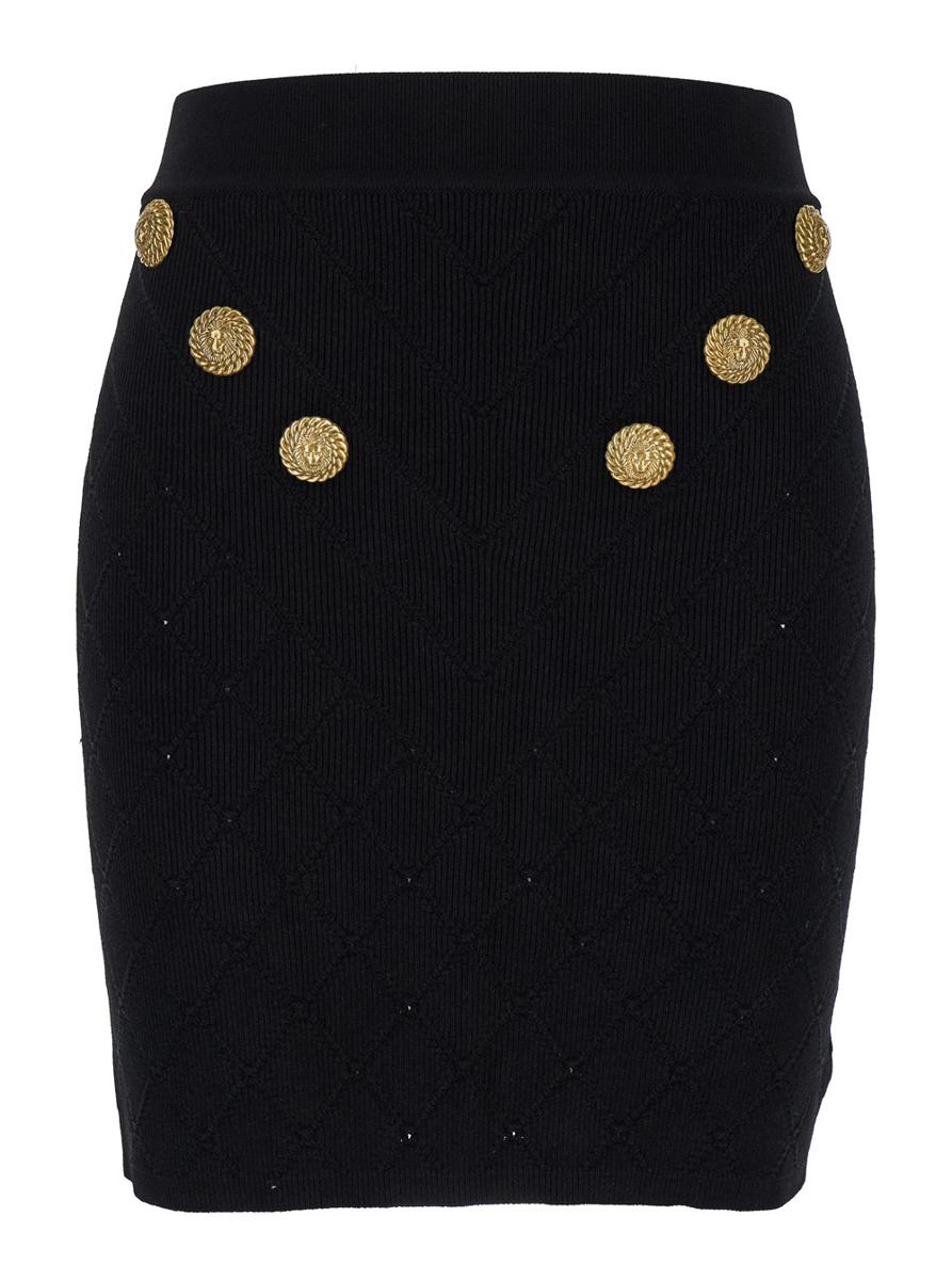 Black Short Skirt With Jewel Buttons In Viscose Blend Woman