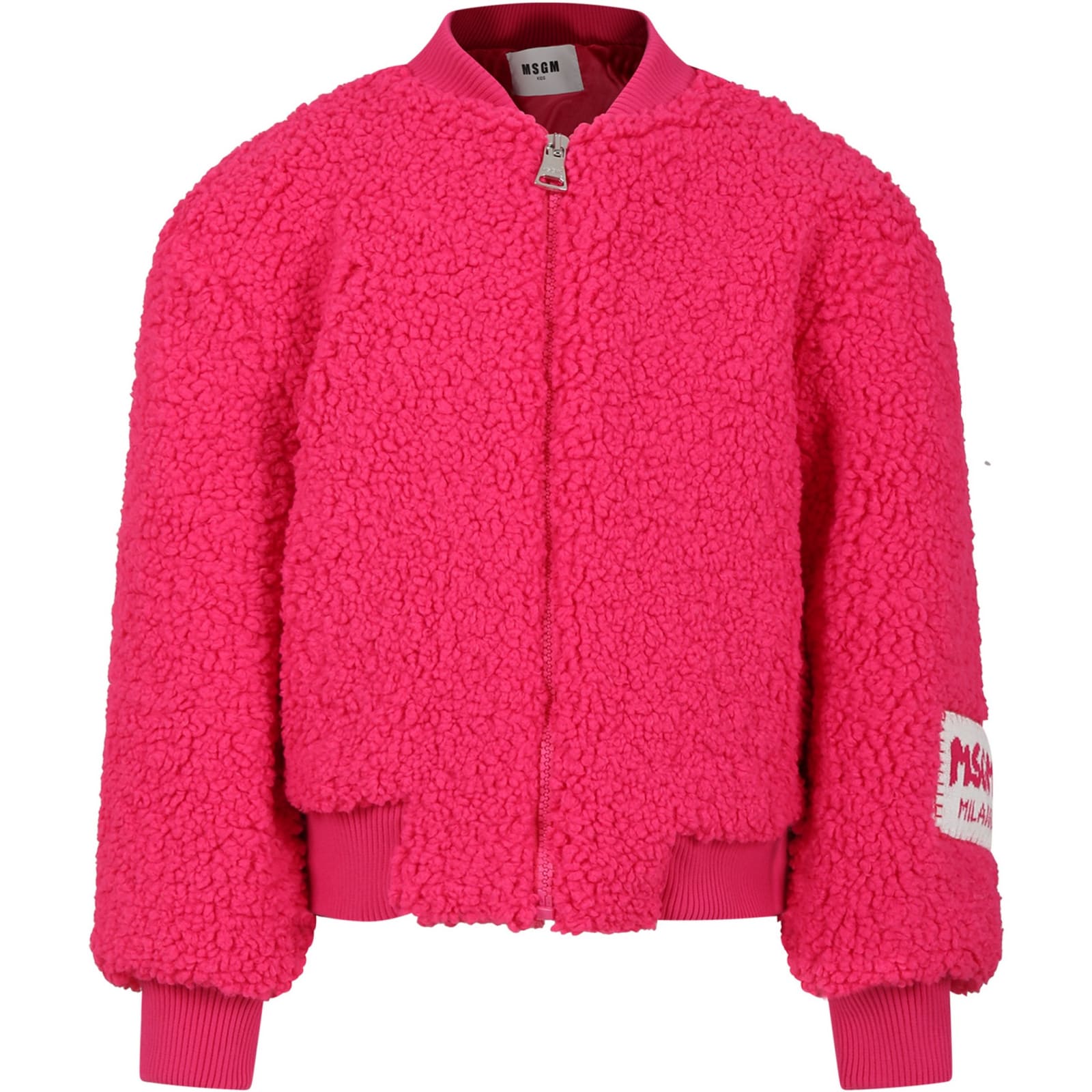 MSGM Fuchsia Faux Fur Coat For Girl With Logo