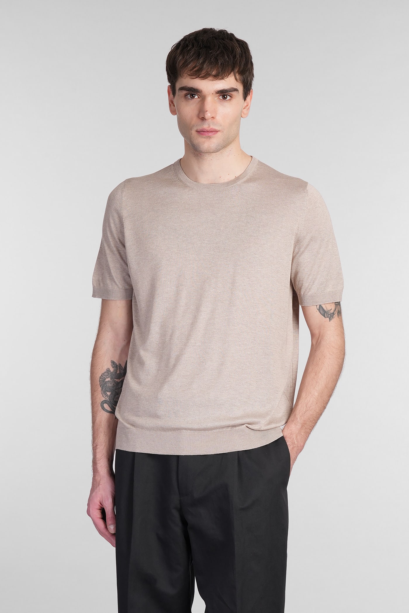 Tagliatore 0205 Josh T-shirt In Taupe Silk