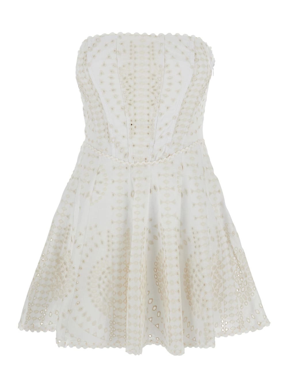 Charo Ruiz clem White Dress With Flounce Skirt And All-over Embroidery In Cotton And Linen Blend Woman