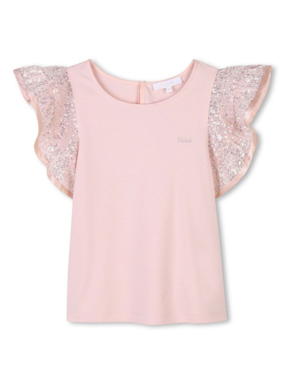 Chloé Pink Top With Sequin Decorations And Logo On The Chest In Cotton Girl