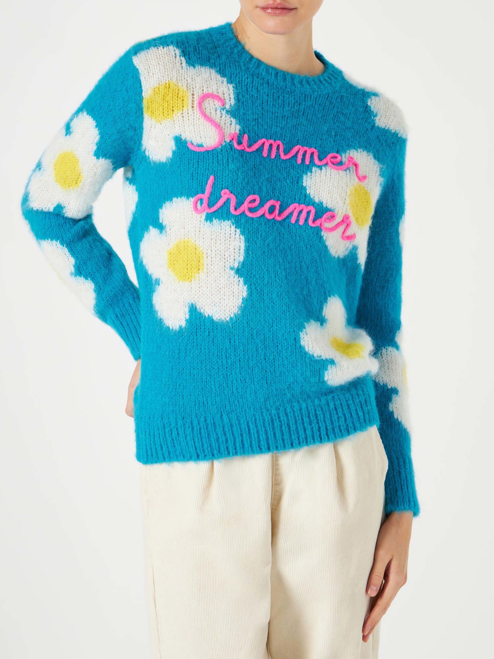 MC2 Saint Barth Woman Brushed Sweater With Daisies And Summer Dreamer Embroidery