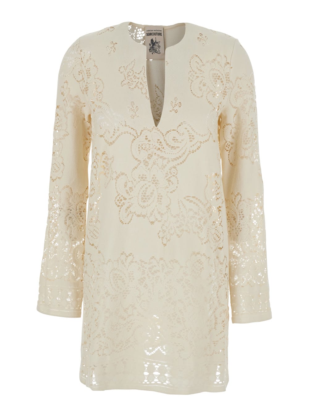 SEMICOUTURE White Dress With Deep V-neck And Lace Details In Cotton Blend Woman