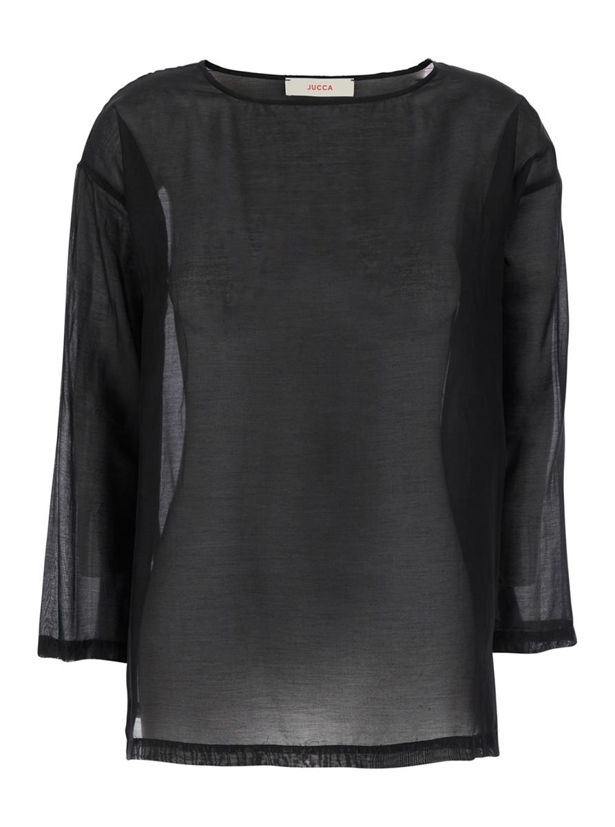 Black Blouse With Round Neckline And Dropped Shoulders In Cotton And Silk Blend Woman