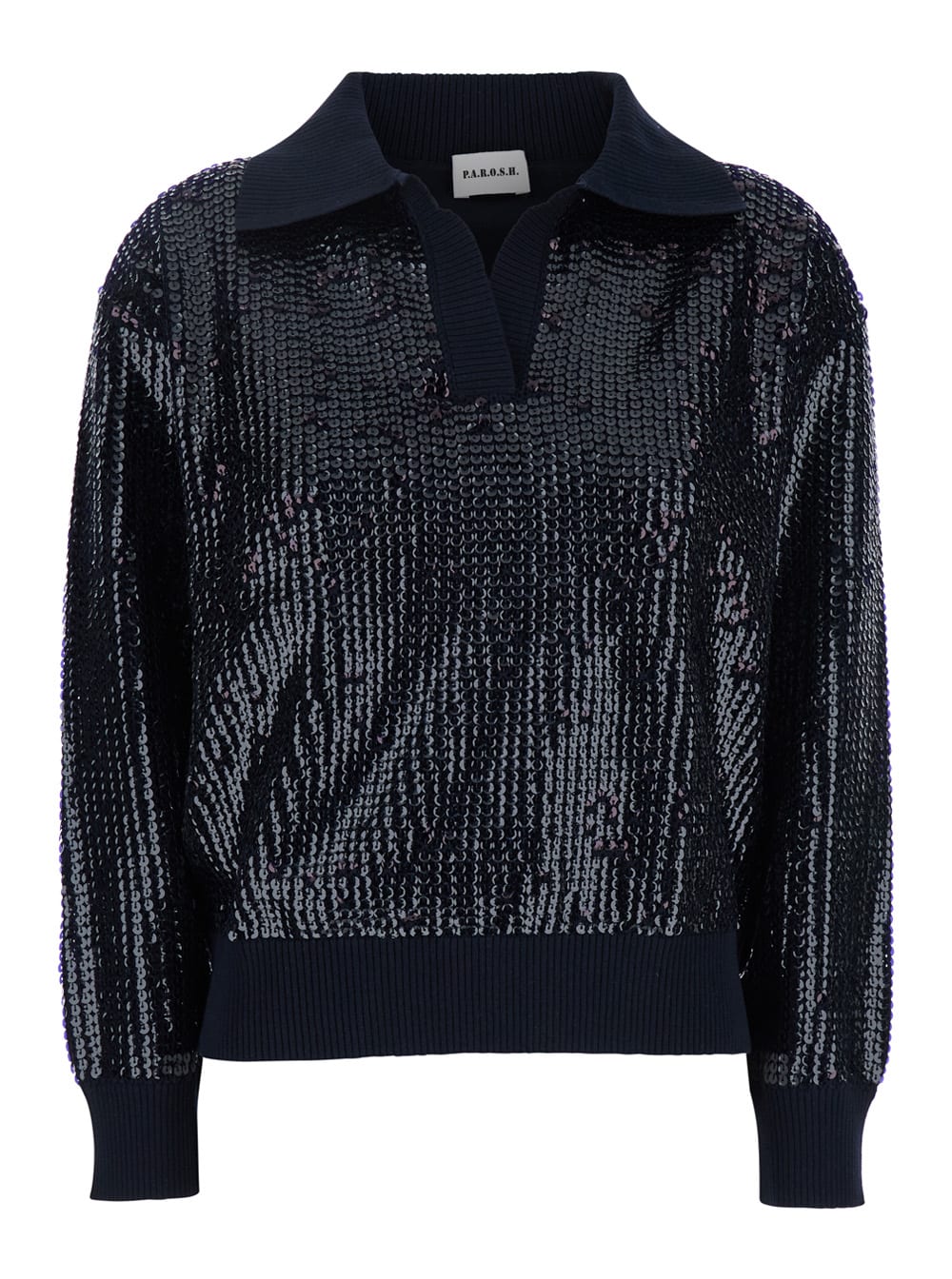 Parosh Blue Sweater With Polo Collar And All-over Applied Sequins In Cotton Woman