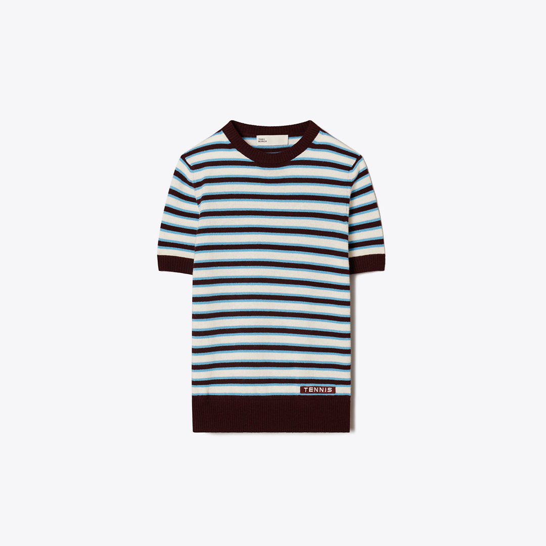 Tory Burch Cashmere Striped Short-Sleeve Tennis Sweater