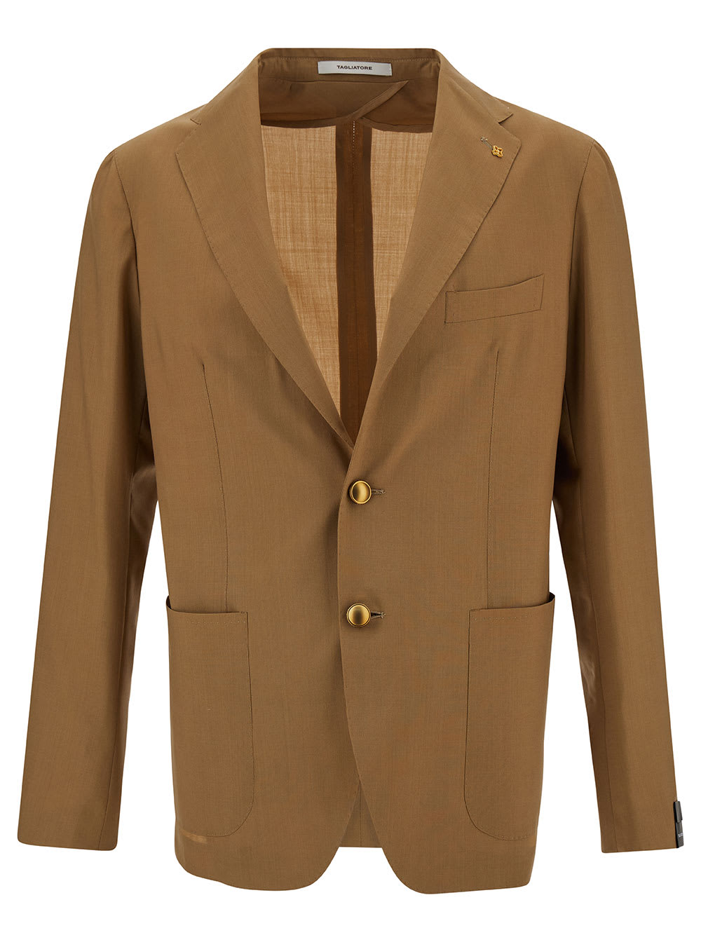 Tagliatore Camel Brown Single-breasted Jacket With Logo Detail In Stretch Wool Man