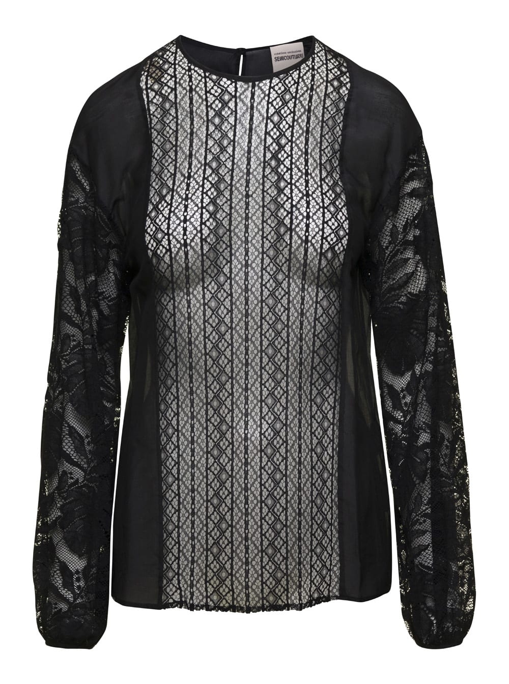SEMICOUTURE Black Crew Neck Blouse In Silk And Cotton Woman
