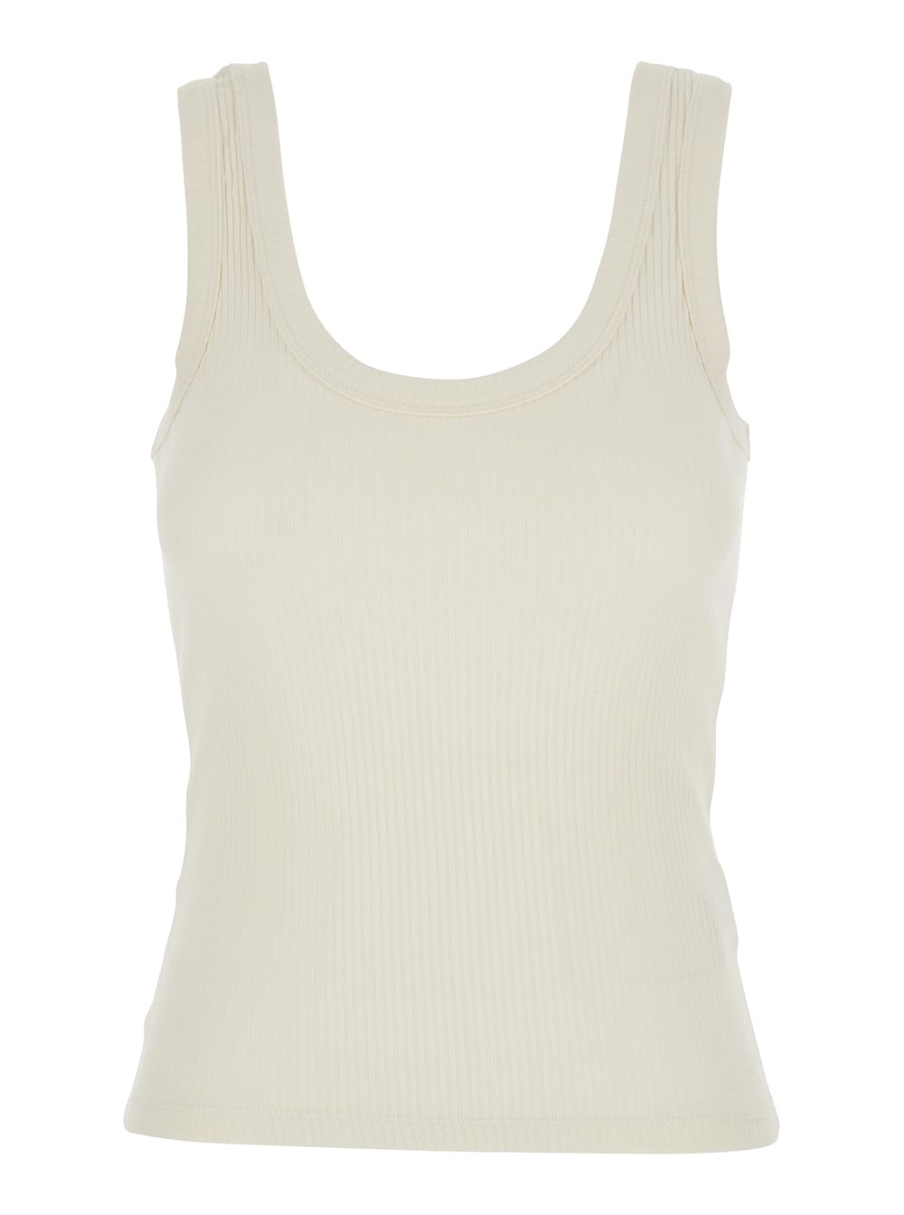 Tela White Ribbed Top With U-neck In Cotton For Woman
