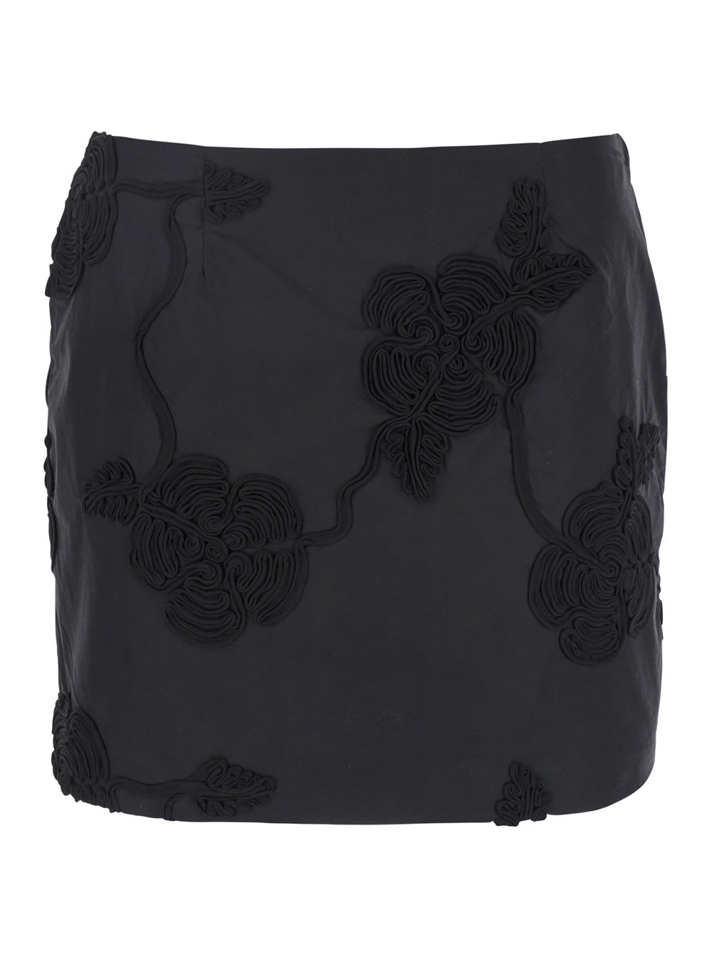 Rotate by Birger Christensen Black Mini Skirt With 3d Floral Details Applied All-over In Cotton Woman