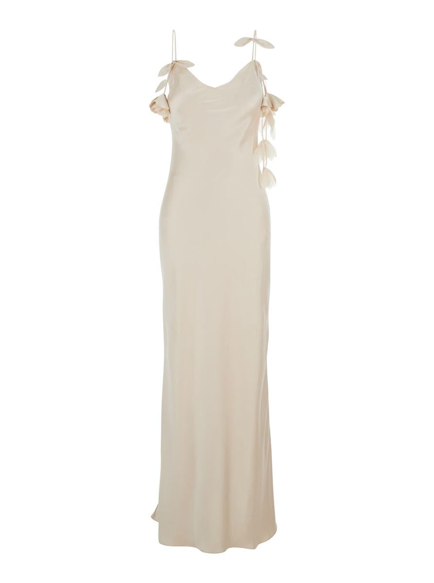 Beige Long Dress With Spaghetti Straps And Ruched Details In Tech Fabric Woman