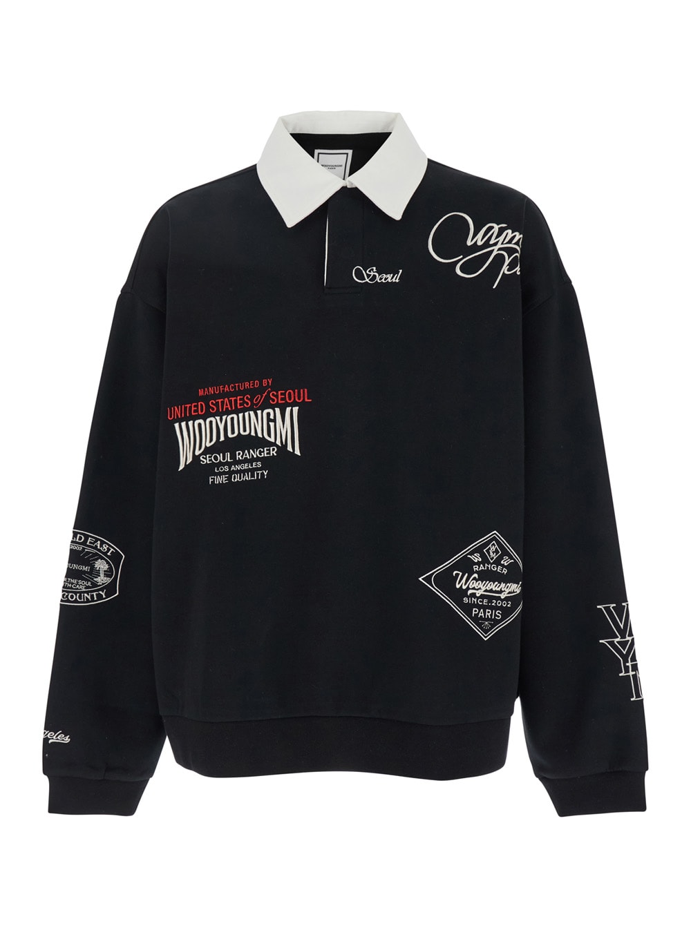 WOOYOUNGMI Black Polo Shirt With Classic Collar And Prints On The Front In Cotton Blend Man