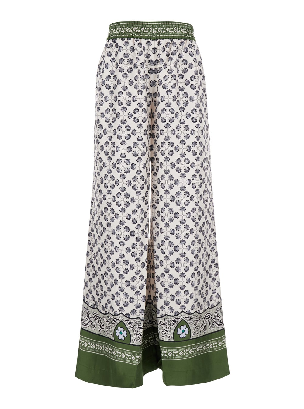 La DoubleJ Green Wide Pants With All-over Graphic Print In Silk Woman