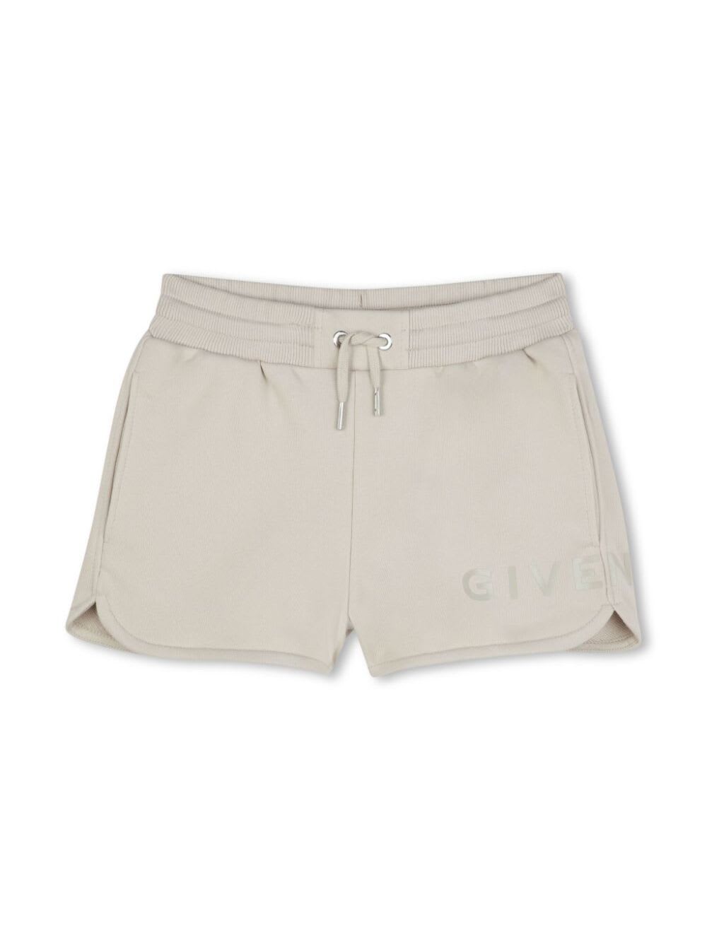 Givenchy Beige Shorts With Elastic Drawstring Waist And Logo Lettering On The Front In Cotton Blend Boy