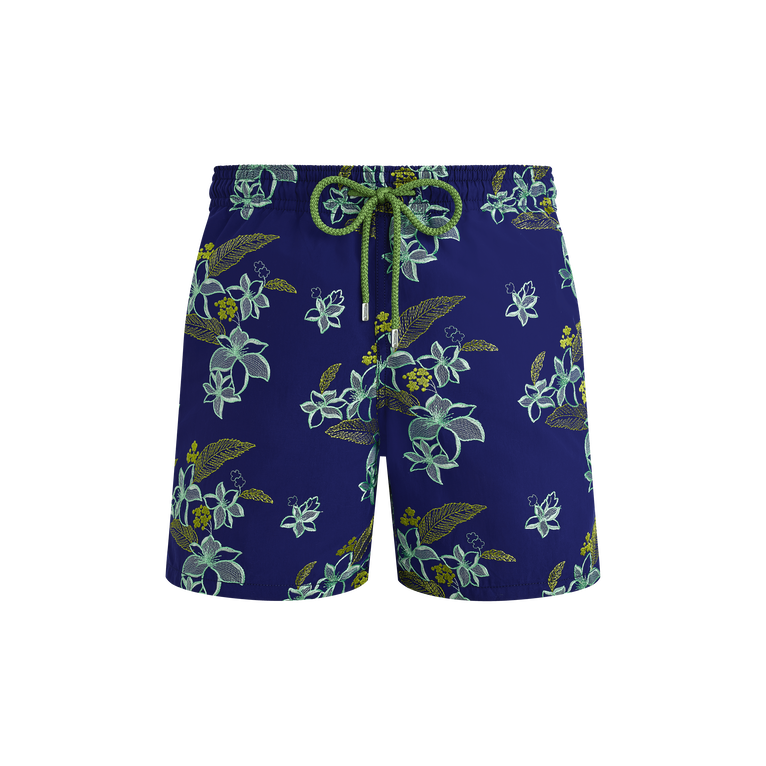 Vilebrequin Men Swim Shorts Embroidered Flowers Power - Swimming Trunk - Mistral - Blue - Size L