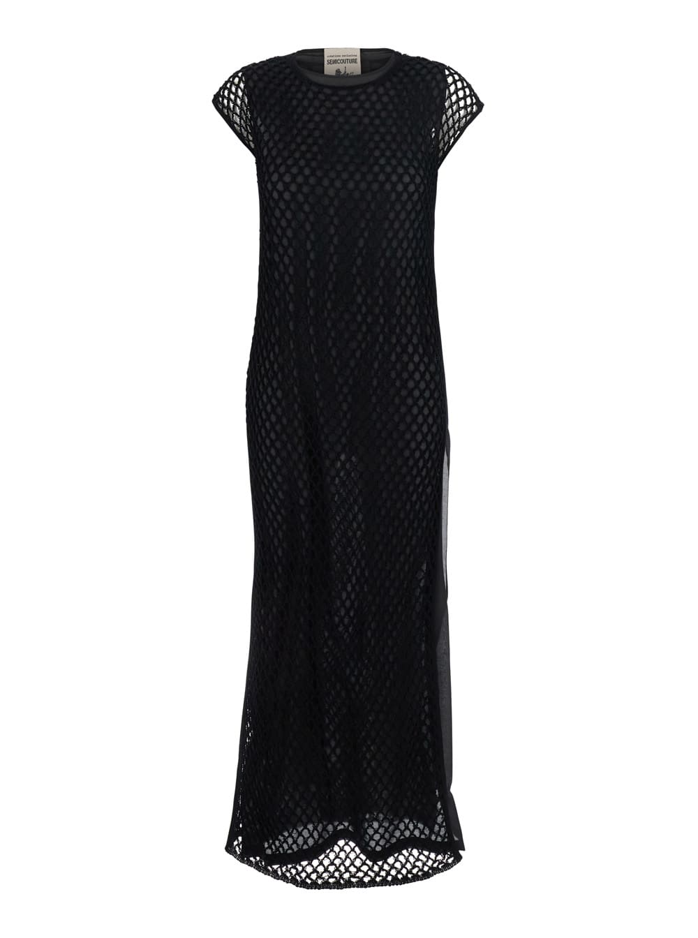 SEMICOUTURE Black Crewneck Long Dress With Fishnet Design And Matching Underdress In Cotton Woman