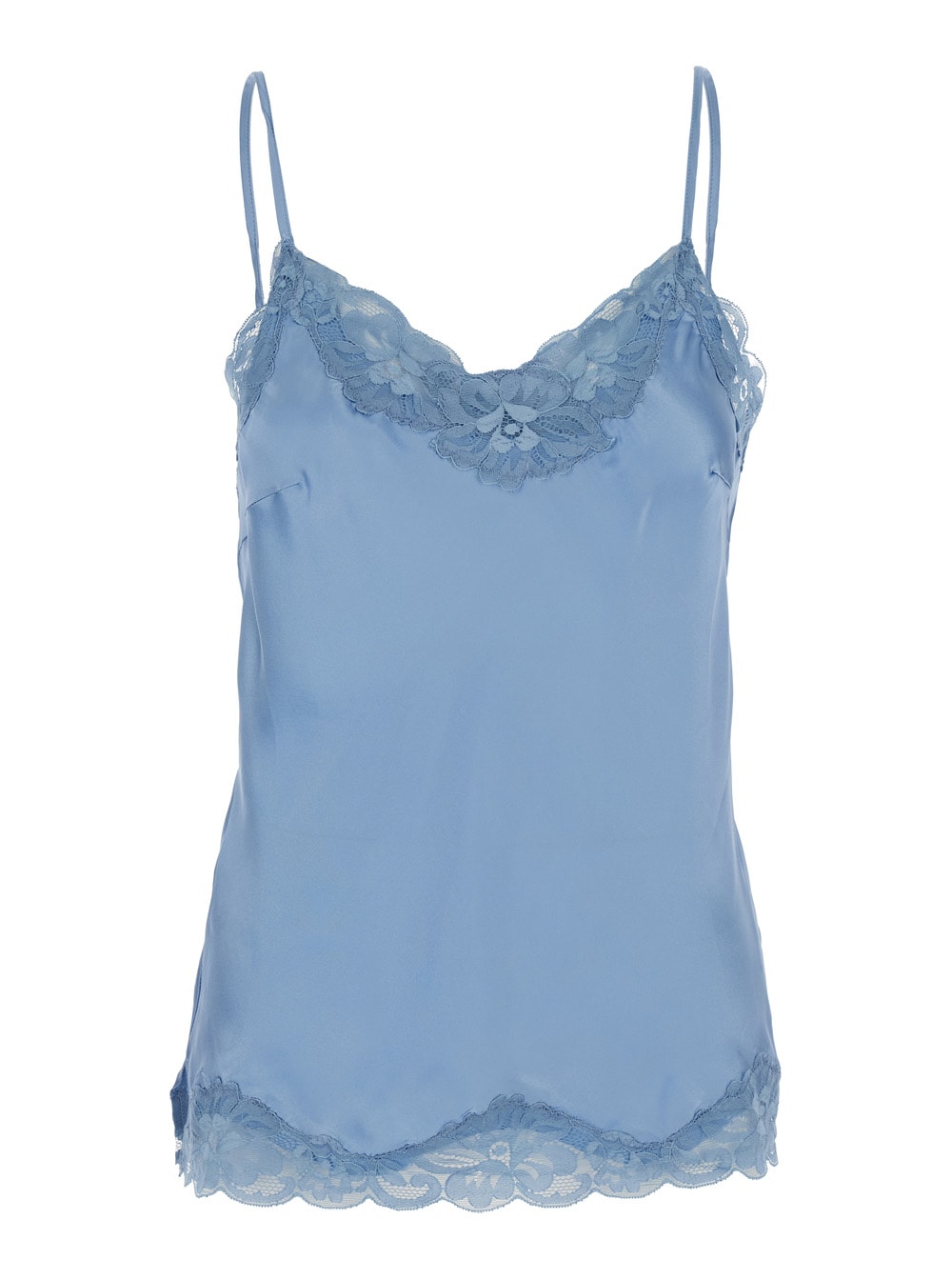Gold Hawk Light Blue Sleeveless Top With Adjustable Spaghetti Straps And Floral Emellishment In Silk Woman
