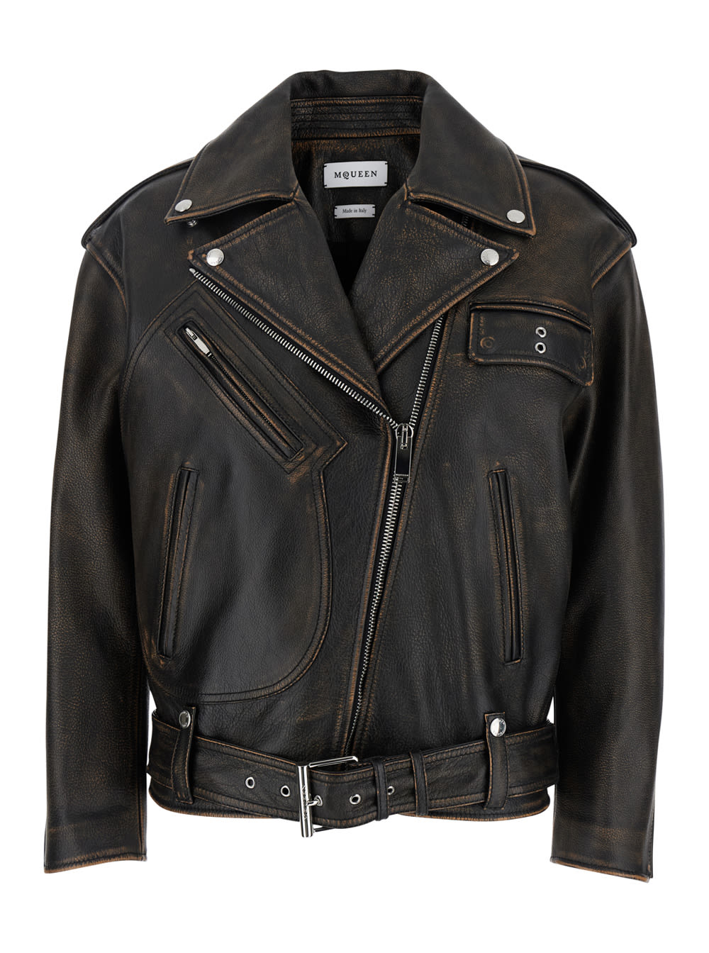 Alexander McQueen Antiqued Brown Biker Jacket With Wide Classic Lapels And Decentralized Zip Closure In Leather Woman