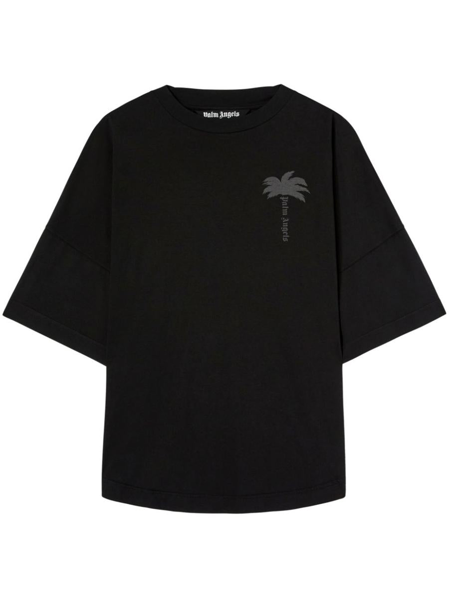 Palm Angels Blue Cotton T-Shirt With Palm Print And Logo