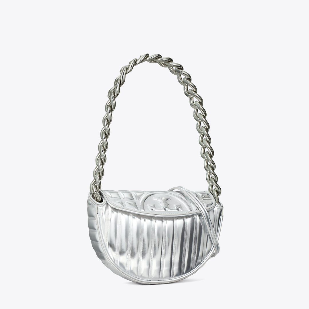 Tory Burch Mini Fleming Soft Metallic Quilt Crescent Bag
