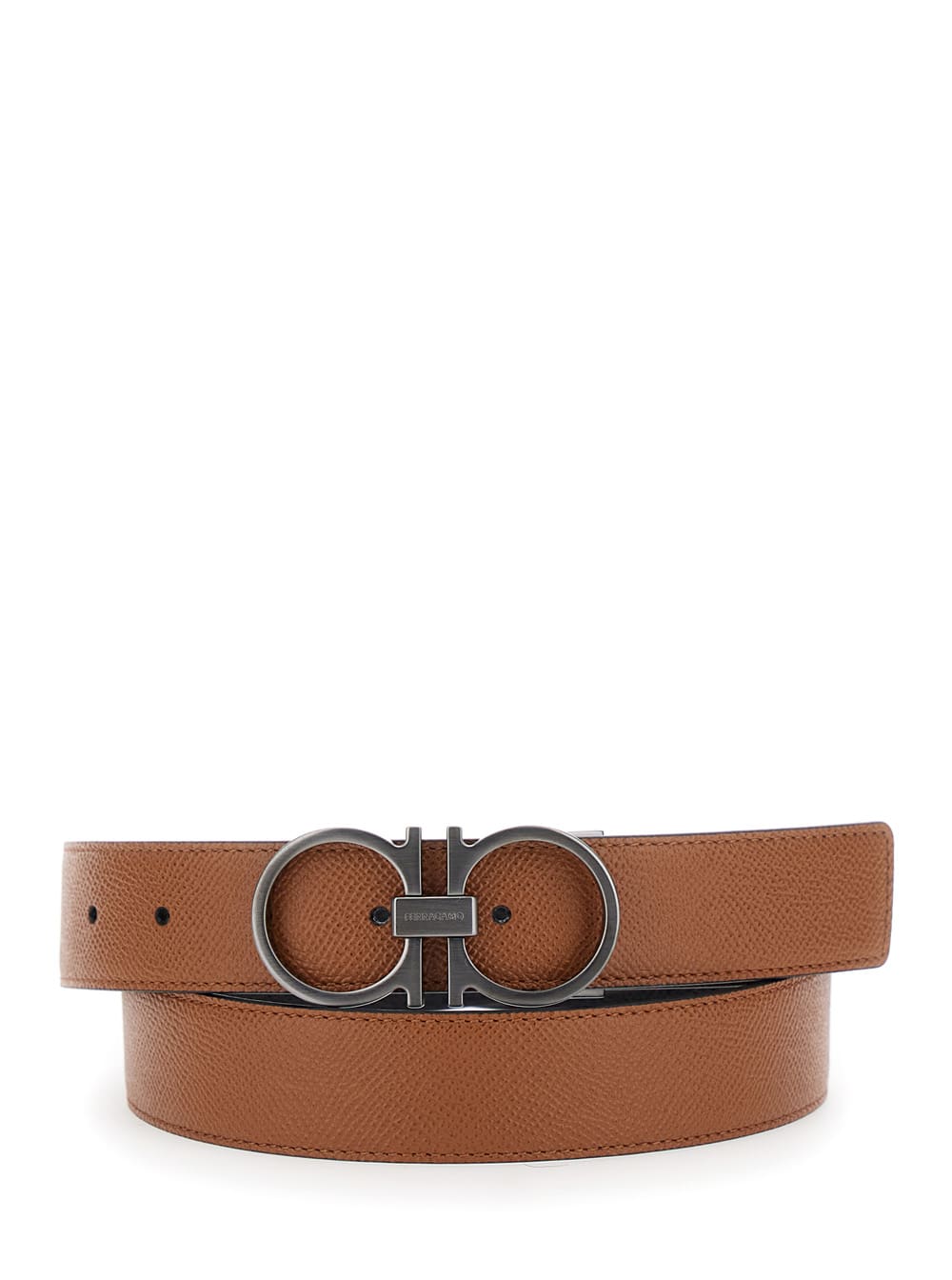 Ferragamo Beige Reversible Belt With Gancini Buckle Closure In Grained Leather Man