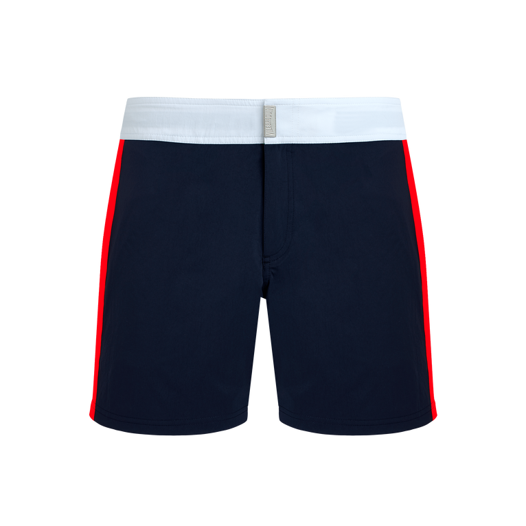 Vilebrequin Men Stretch Swim Shorts Flat Belt Color Block - Merle - Blue - Size XL