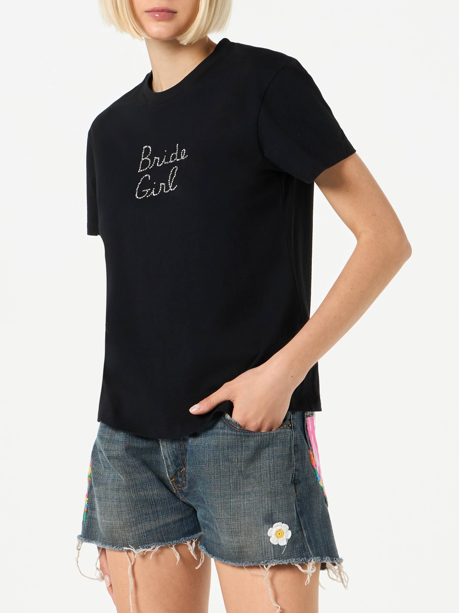 MC2 Saint Barth Woman Cotton T-shirt With Bride Girl Rhinestone Embroidery