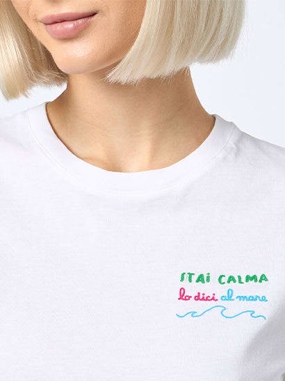 MC2 Saint Barth Woman Cotton Jersey Crewneck T-shirt Emilie With Stai Calma Lo Dici Al Mare Embroidery