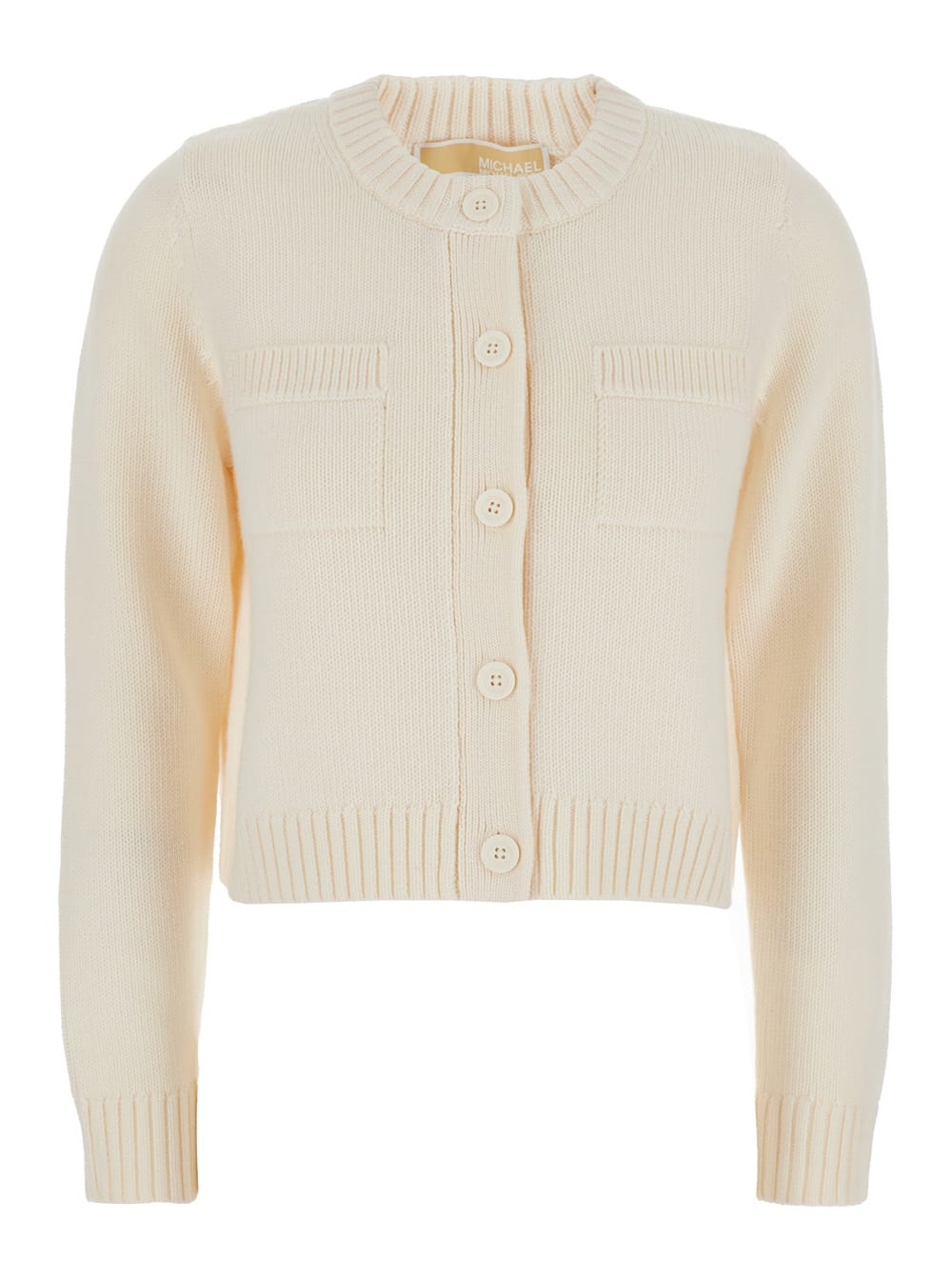 MICHAEL Michael Kors White Crewneck Cardigan With Ribbed Trims In Wool Woman